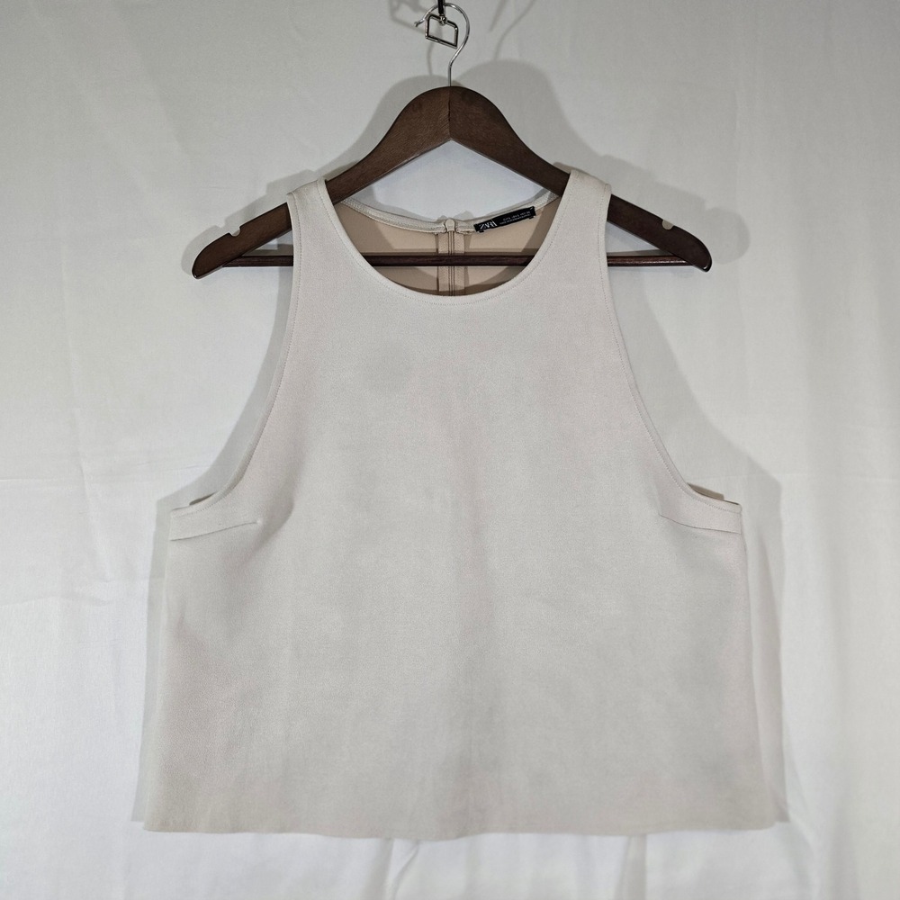 ZARA Sleeveless‎ Cropped Top Beige Crew Neck Zip Back Size L